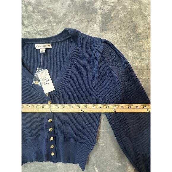 And Now This Blue Puff Sleeve Button Front Cropped Sweater Women’s S NWT - Picture 6 of 10